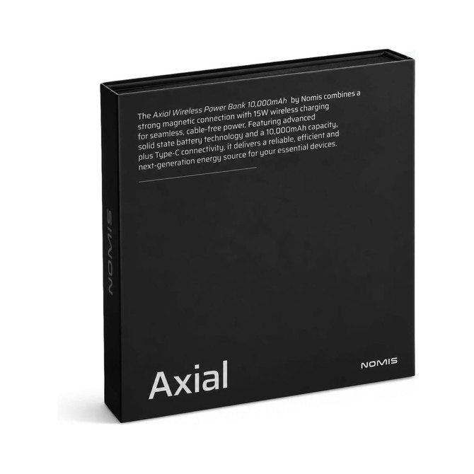 A black rectangular box containing the Axial 10,000mAh solid-state power bank, with a logo prominently displayed.