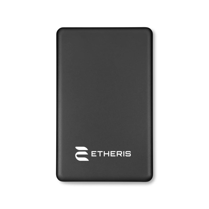 A black solid state power bank with a sleek design and a logo on the surface.