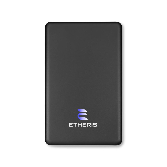 A solid state power bank in black with a logo on the front, featuring a sleek, slim design.