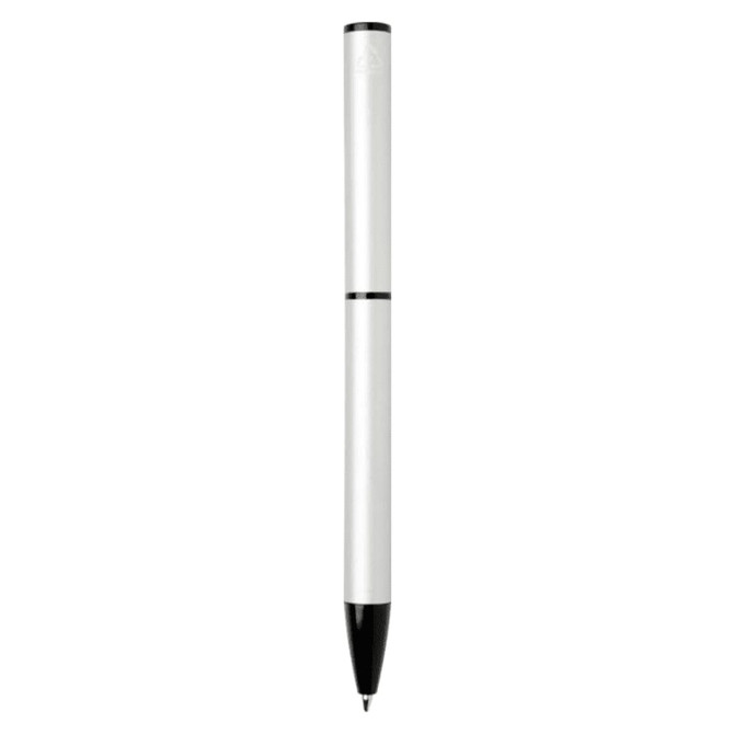 A white and black recycled aluminium twist ballpoint pen with a sleek design and a logo on the body.