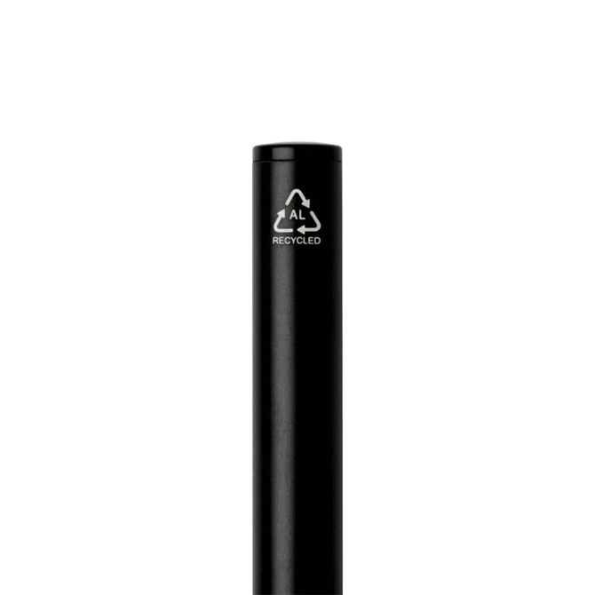 A sleek black twist ballpoint pen made from recycled aluminium, featuring a logo.