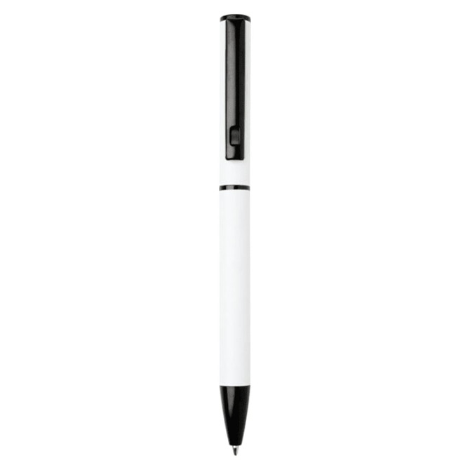 A white ballpoint pen with a black clip and tip, featuring a simple, sleek design and a logo.