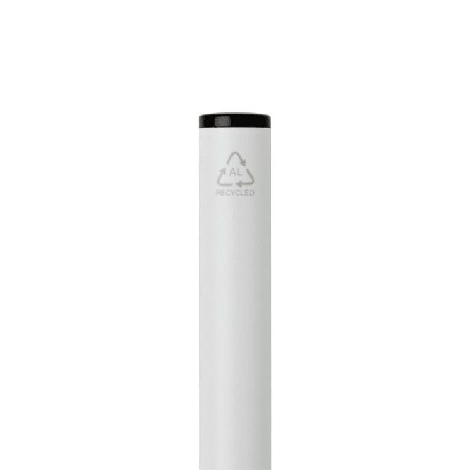 A white ballpoint pen made from recycled aluminium, featuring a black twist top and a logo.