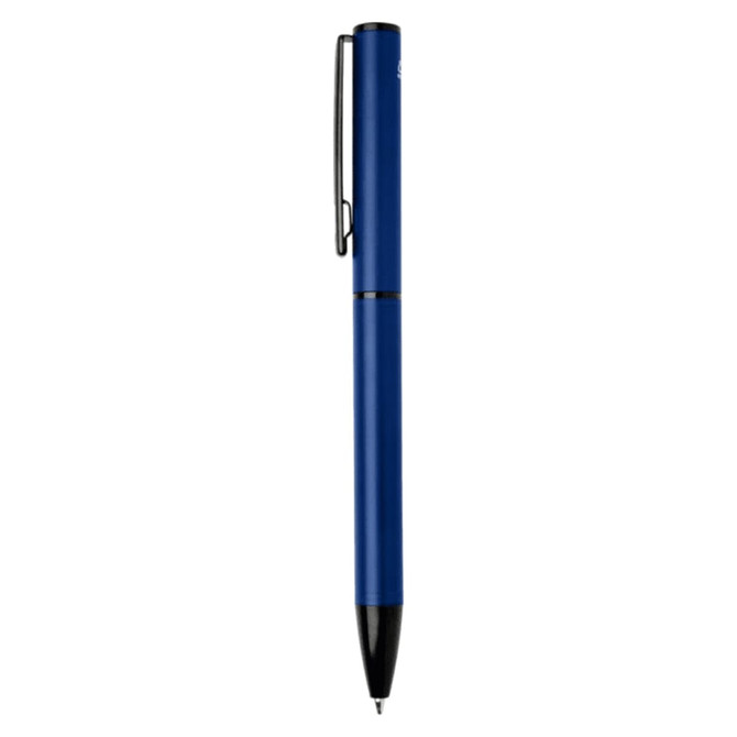 A blue recycled aluminium twist ballpoint pen with a clip and black tip. The pen features a branding logo.