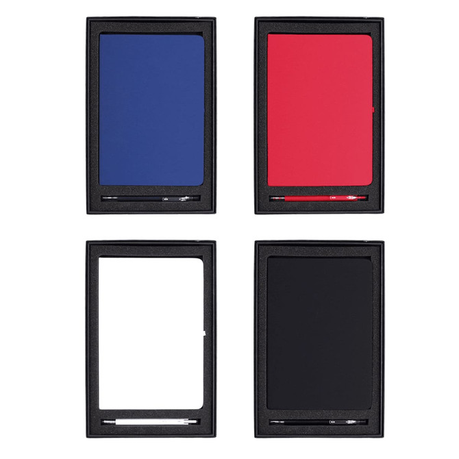 A set of Spectrum Recycled JournalBooks and pens in blue, red, white, and black, featuring a logo.