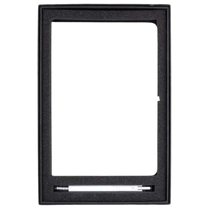 A gift set featuring a recycled journal in black and a white pen, presented in a sleek black box.
