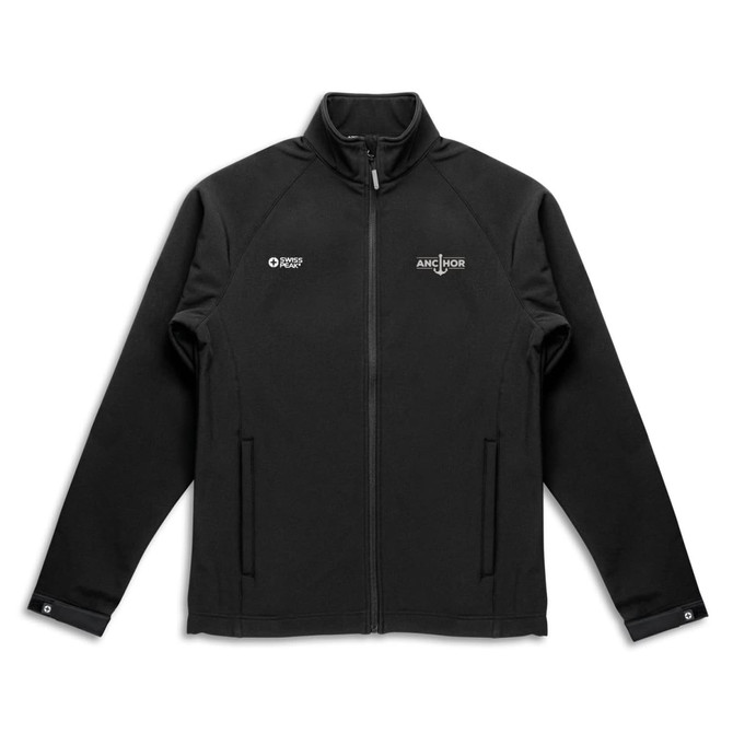 A black softshell jacket with a full zip and two side pockets, featuring a logo on the chest.