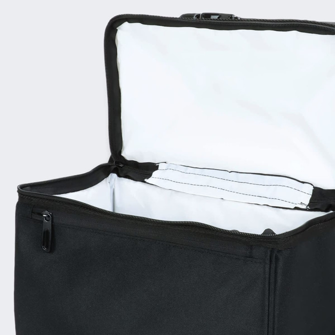 A black lunch cooler bag with a white interior and a zippered top, featuring a logo.