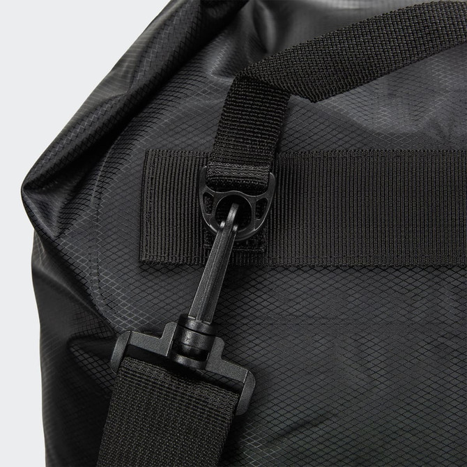 A black dry bag with a durable finish, featuring a secure clasp and adjustable strap for easy carrying.