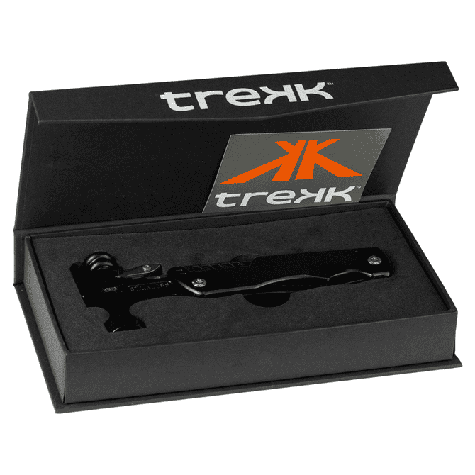 A black multi-tool with various functions, displayed in a sleek black box featuring a logo.