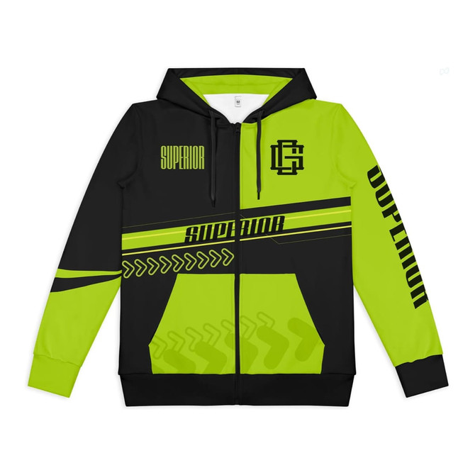 A black and neon green custom men's active zipped hoodie with a logo and graphic design elements.
