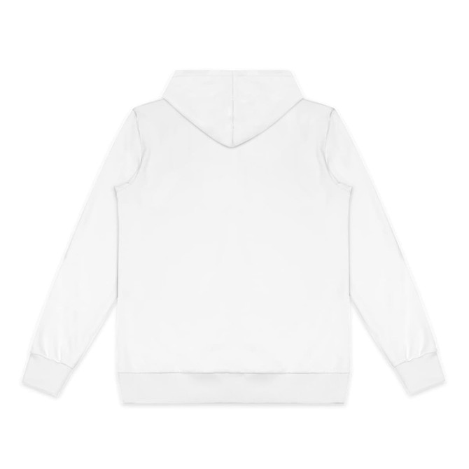 A white zipped hoodie featuring a hood and long sleeves, with a small logo on the back.