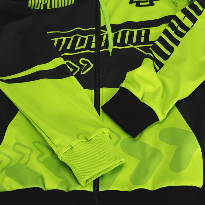A vibrant yellow and black zipped hoodie featuring contrasting patterns and a logo. Ideal for active wear.