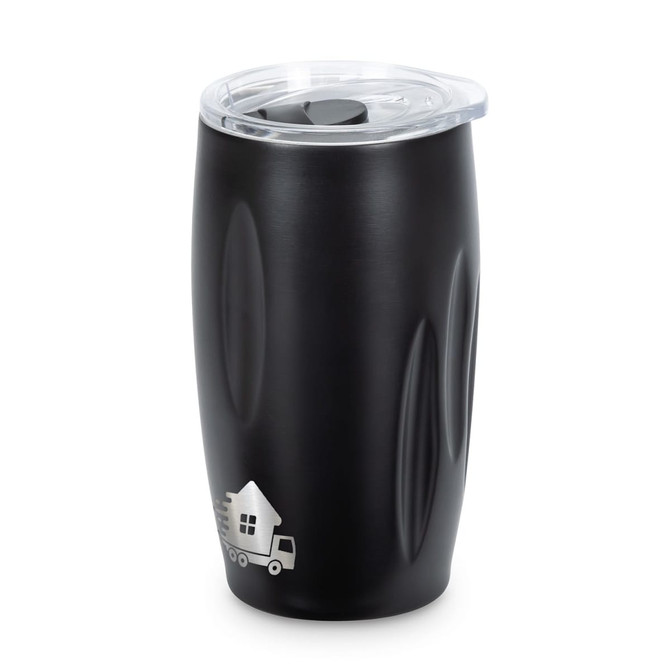 A drink bottle with a matte black finish and a clear lid, featuring a subtle logo design.