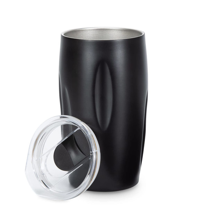 A drink bottle featuring a sleek black design with a clear lid, showcasing a modern vacuum tumbler style.