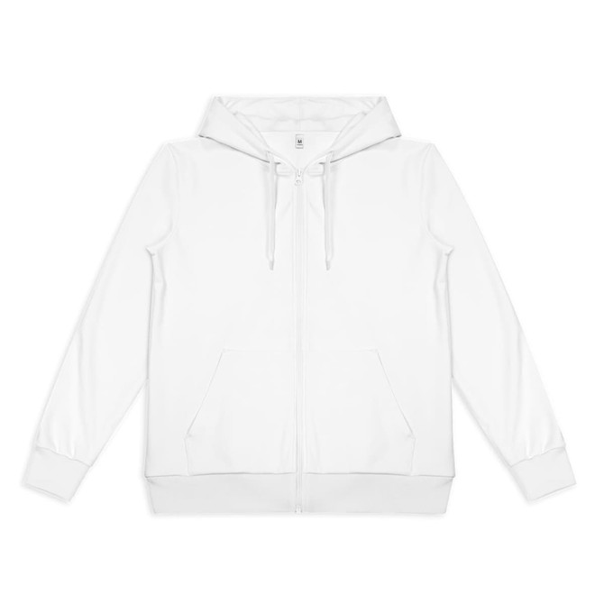 A white zipped hoodie with a hood, front pockets, and drawstring, featuring a logo on the label.