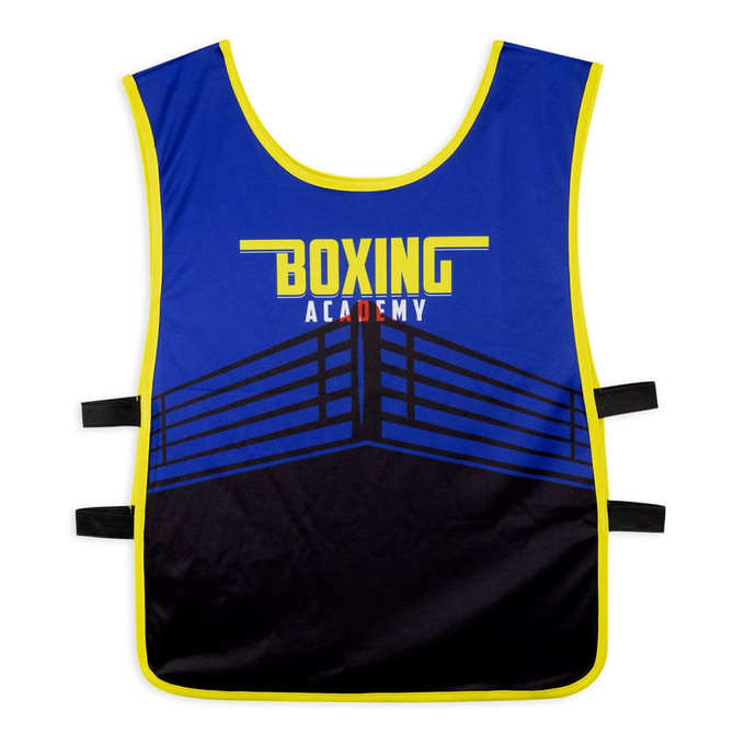 A custom unisex bib in blue and black, featuring a design with a boxing ring and a logo.