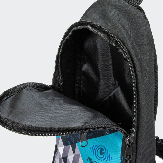 A black crossbody bag with a zippered opening, revealing an internal compartment. It features a logo.