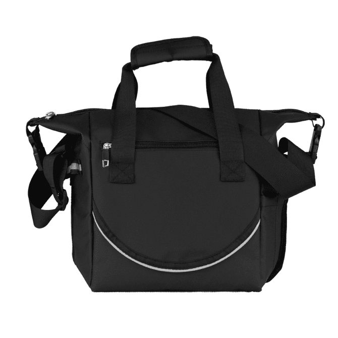 A black cooler bag featuring dual handles and a removable shoulder strap, with a front zip pocket and a circular design element.