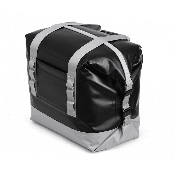 A foldable cooler in black and grey with adjustable straps and a sleek design. It has a logo on the side.