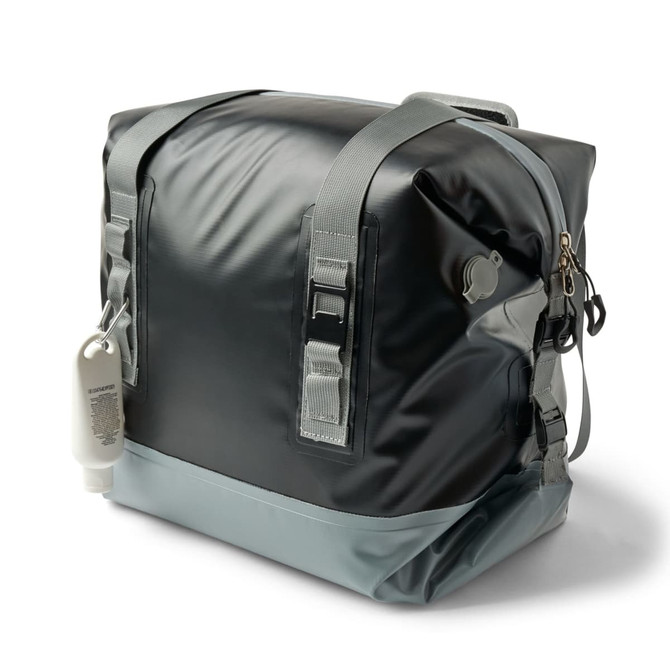 A foldable cooler in black and grey with adjustable straps and a side pocket, featuring a logo.