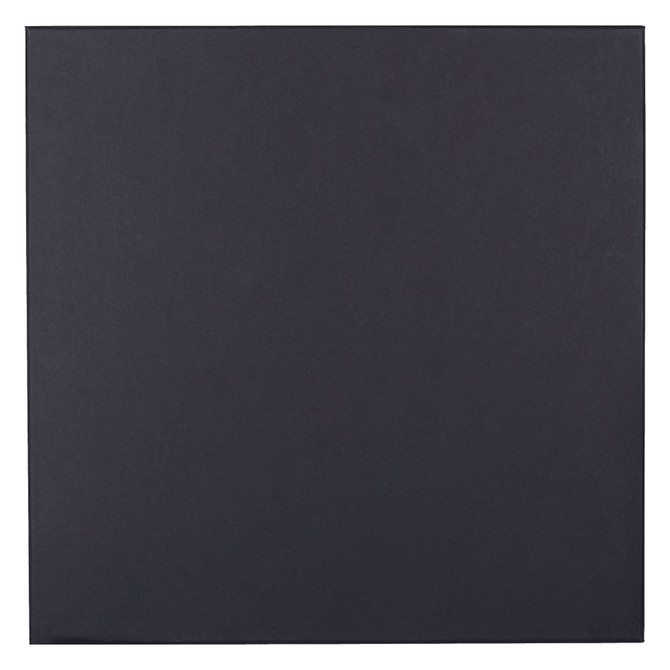 A black, square promotional product box with a smooth surface and a subtle texture, featuring a logo.