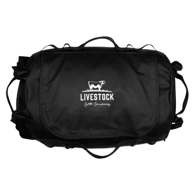 A black duffel bag with handles, featuring a logo on the front.