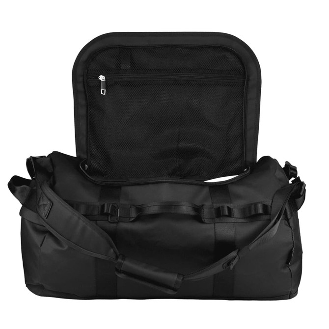 A black duffel bag with a spacious interior and a zippered mesh pocket inside. It includes an adjustable strap and has branding.