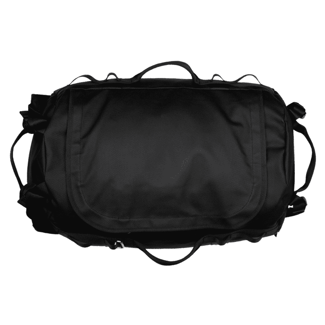 A black duffel bag with multiple handles and a secure closure, featuring a sleek, minimalist design.