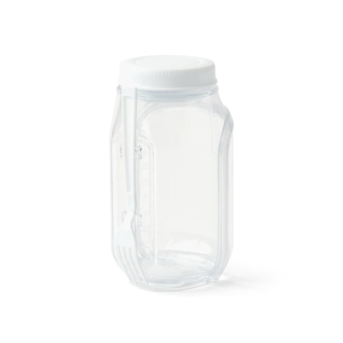 A clear plastic salad jar with a white lid and built-in fork. It has a simple, modern design.