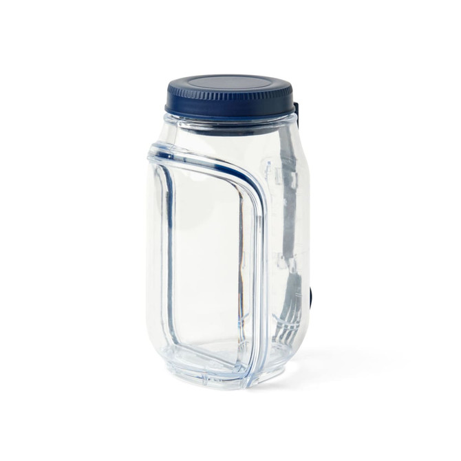 A clear plastic salad jar with a navy blue lid and a handle, featuring a curved design.