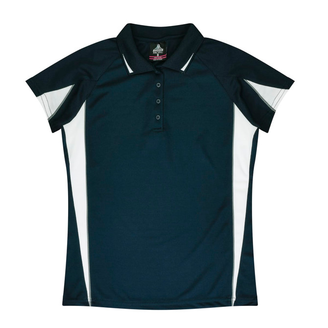 A dark green polo shirt with white side panels and a collar, featuring a logo on the front.