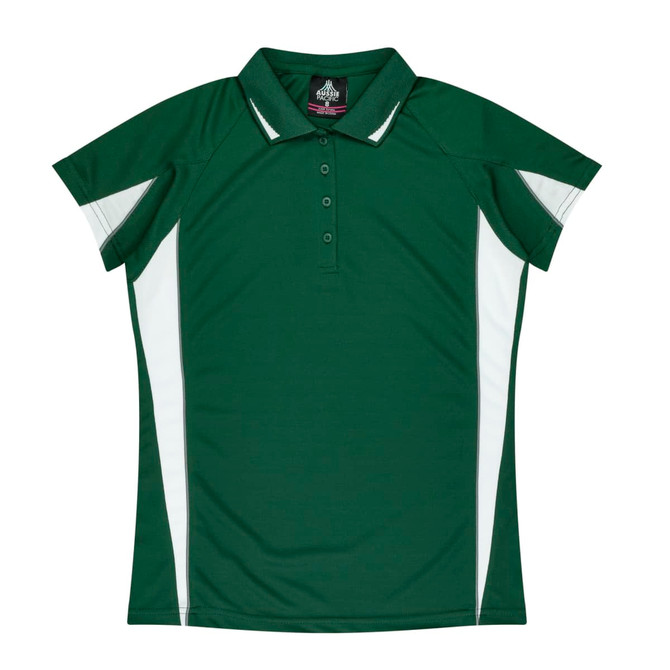 A green polo shirt with white side panels and a collar, featuring a branding logo.