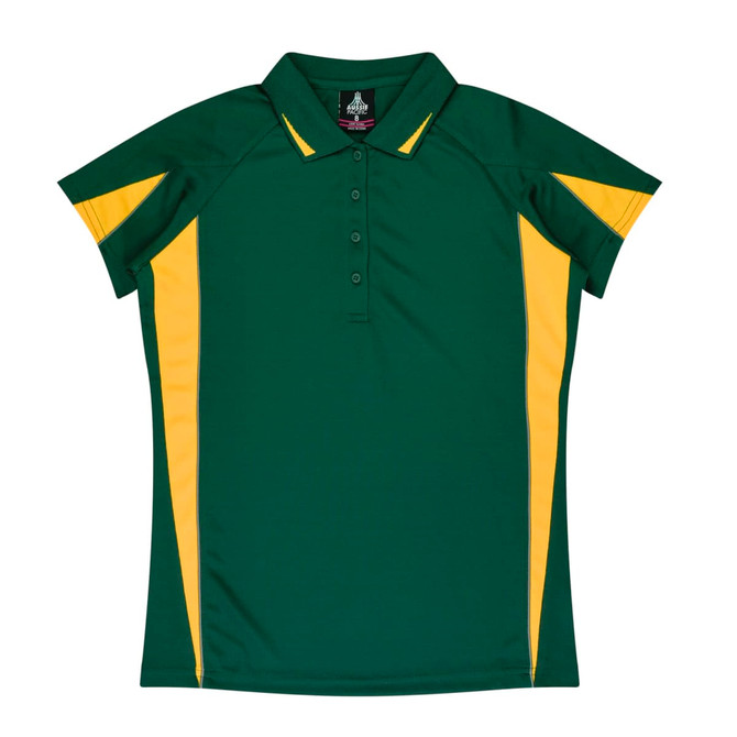A green polo shirt with yellow accents, featuring a collar and buttons, and a logo on the label.