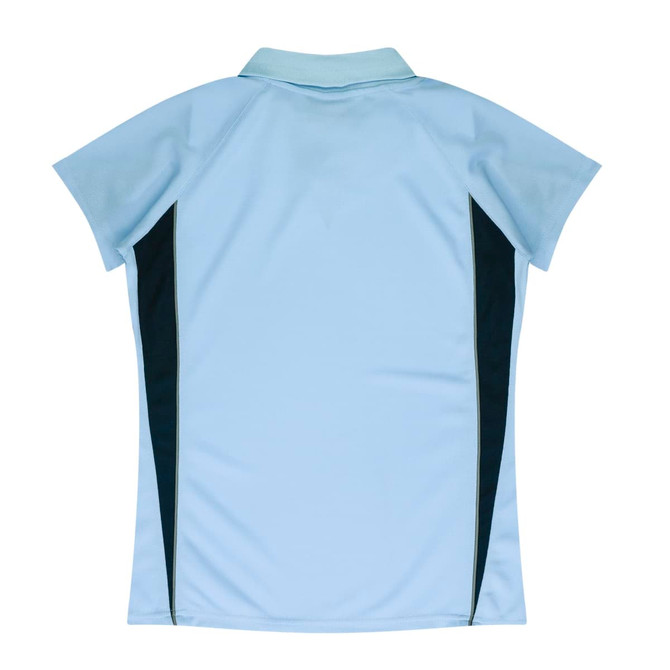 A light blue polo shirt with short sleeves and black side panels, featuring a collar and a logo.