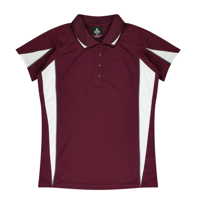 A burgundy polo shirt with white accents and a collar, featuring a buttoned placket and a logo.