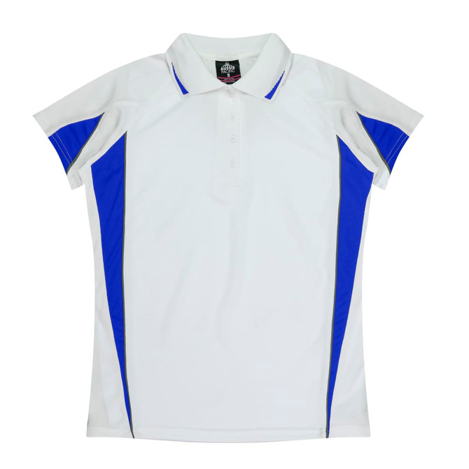 A white polo shirt with blue side panels and a logo, featuring a classic collar and short sleeves.