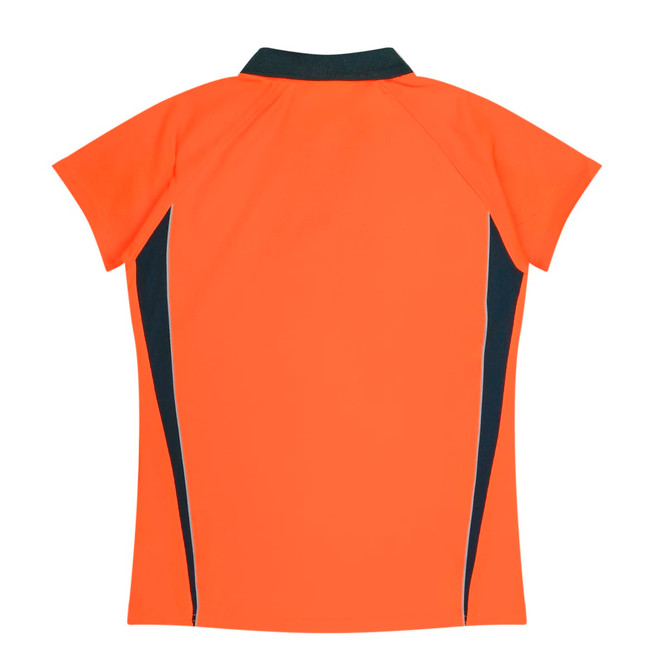 An orange polo shirt featuring a black collar and side panels. The back is plain without any logos or text.