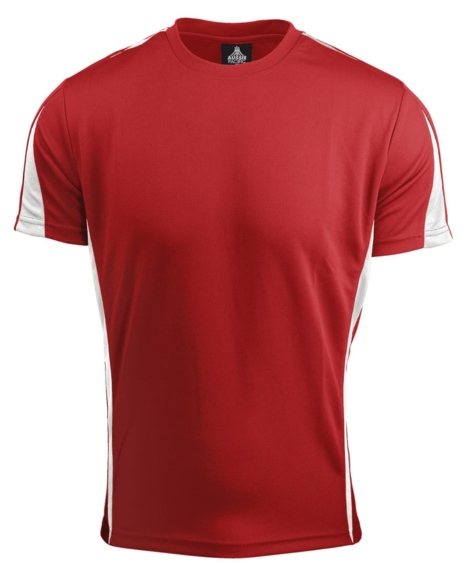 A red T-shirt with white side panels, featuring a logo on the neckline.