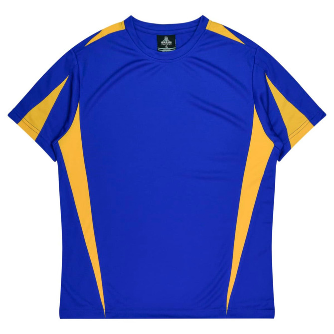 A blue and yellow men's t-shirt with a sporty design and branding on the label.