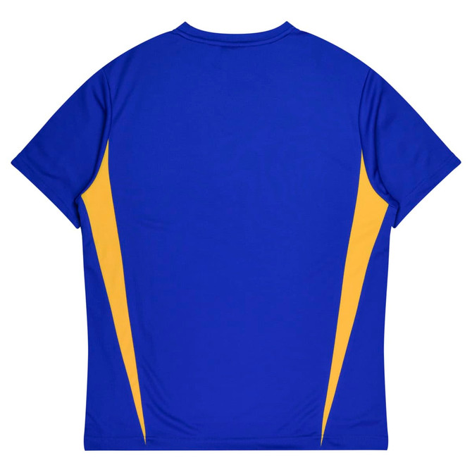 A blue T-shirt with yellow accents on the sides, featuring a brand logo.