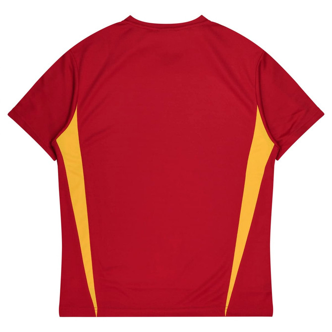 A red t-shirt with yellow side panels and a simple design, featuring a logo on the back.