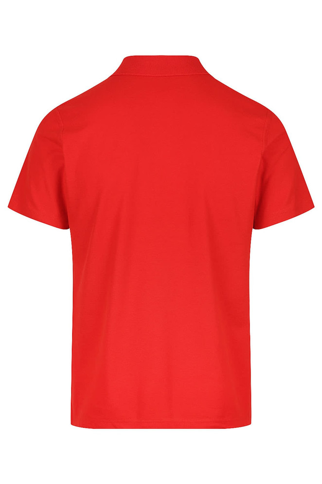 A red polo shirt with a collar and short sleeves, featuring a logo on the back.