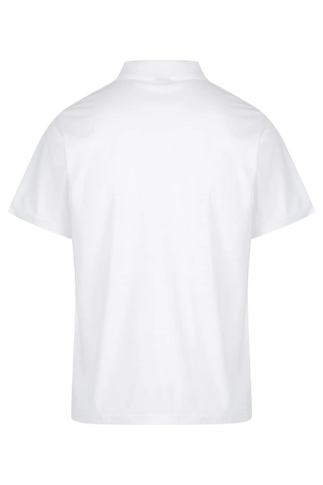 A white polo shirt featuring a collared neckline and short sleeves, with a logo on the back.