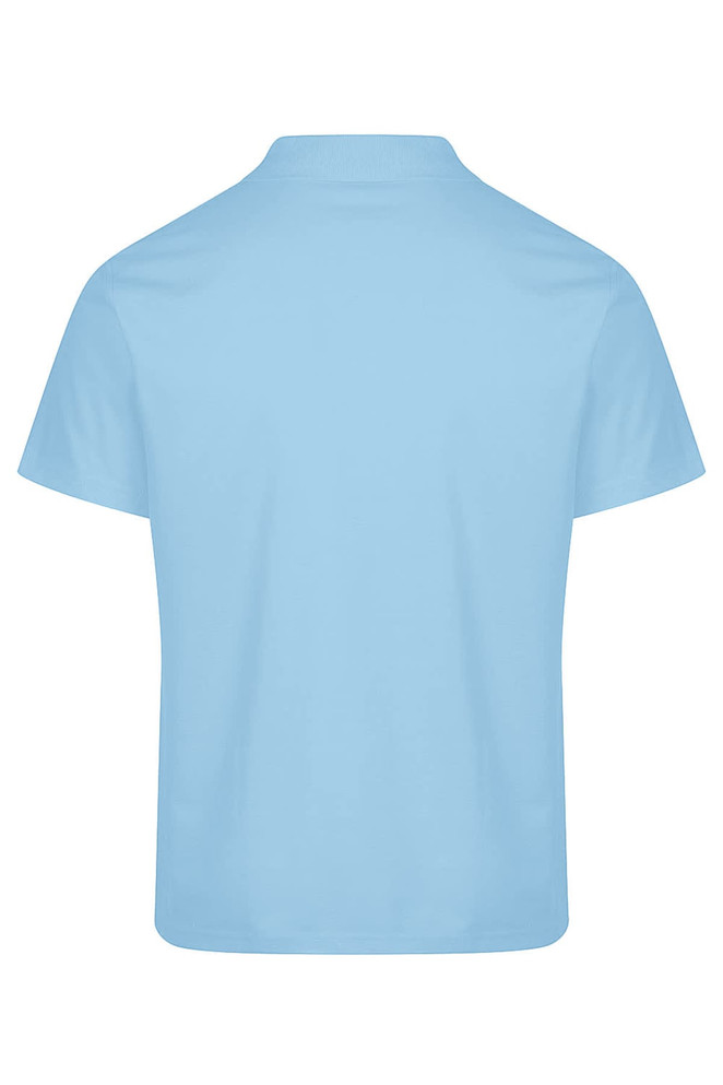 A light blue polo shirt with a collar, featuring a branding logo on the back.