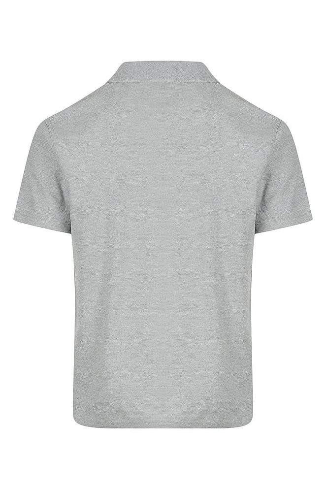 A grey polo shirt with a classic collar and short sleeves, featuring a logo on the back.