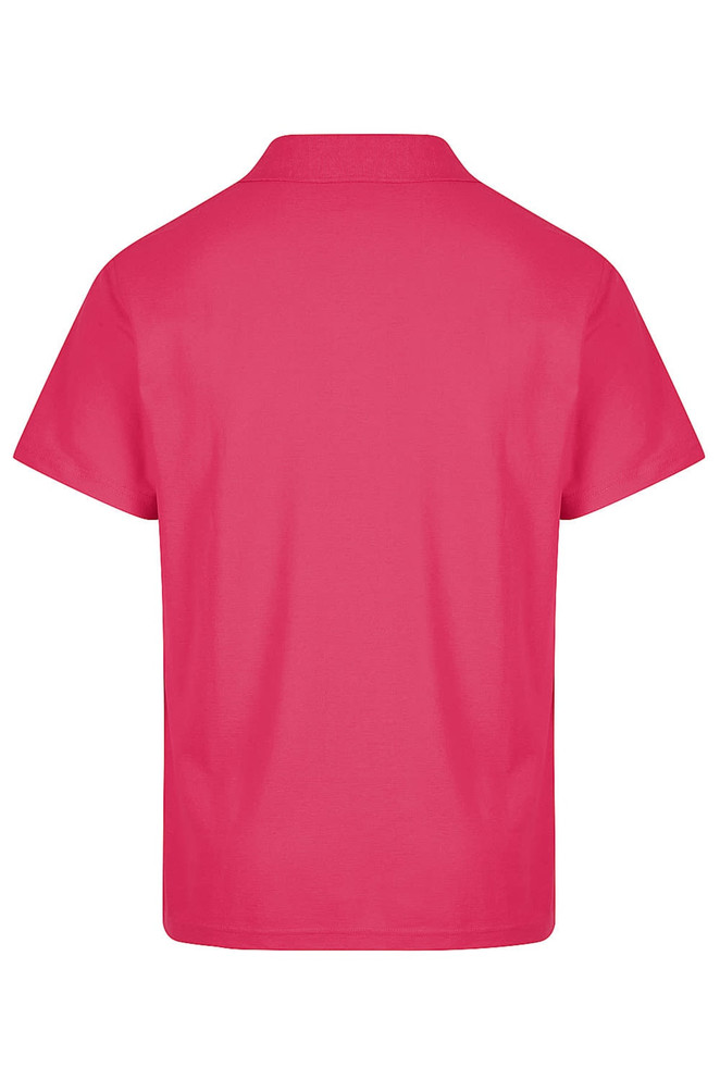 A pink polo shirt with a collar and a back view, featuring a logo.