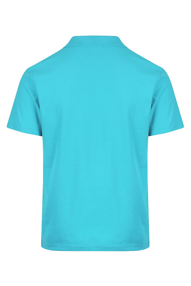 A turquoise polo shirt featuring a classic collar and short sleeves, showcases a clean, simple back design.