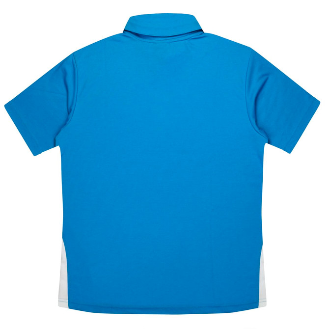 Polo shirt in blue with white side panels, featured as a promotional item for kids.