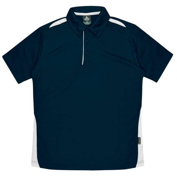 A navy blue polo shirt featuring white side panels and a collar, with a logo on the chest.